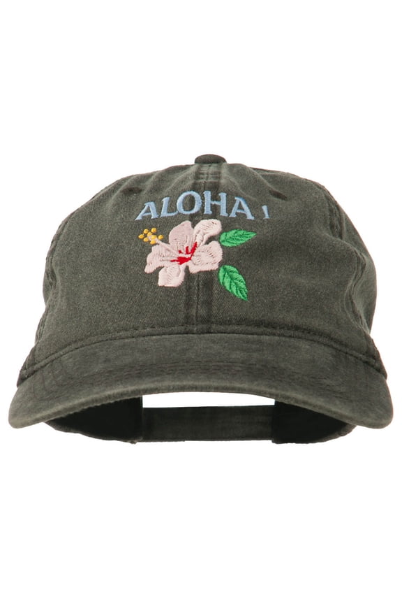 Hawaii Flower Aloha Embroidered Washed Cap - Black OSFM