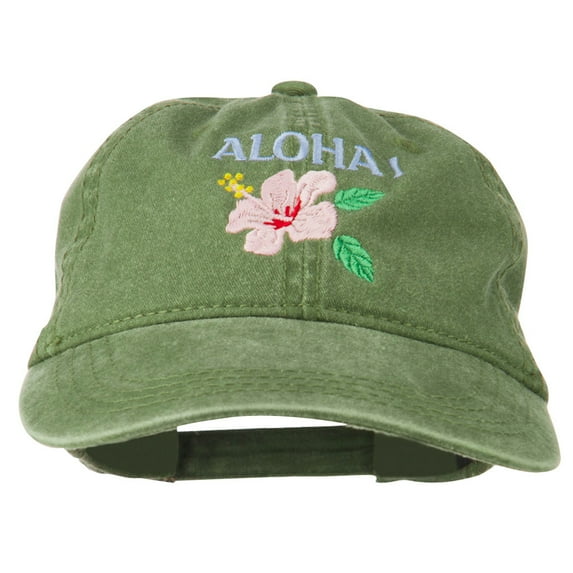 Hawaii Flower Aloha Embroidered Washed Cap - Olive Green OSFM