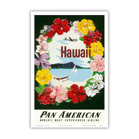 Hawaii - Flower Lei and Diamond Head Crater - Vintage Hawaiian Travel Poster by Aaron Amspoker c.1959 - Master Art Print (Unframed) 12in x 18in