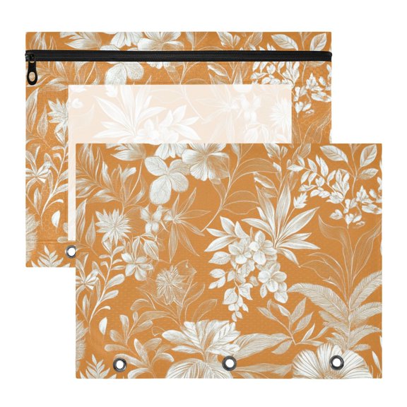 Hawaii Flowers Tropical Leaves Line Art 3-Ring Binder Pouches A4 Size Zipper Pocket File Storage 2 Packs