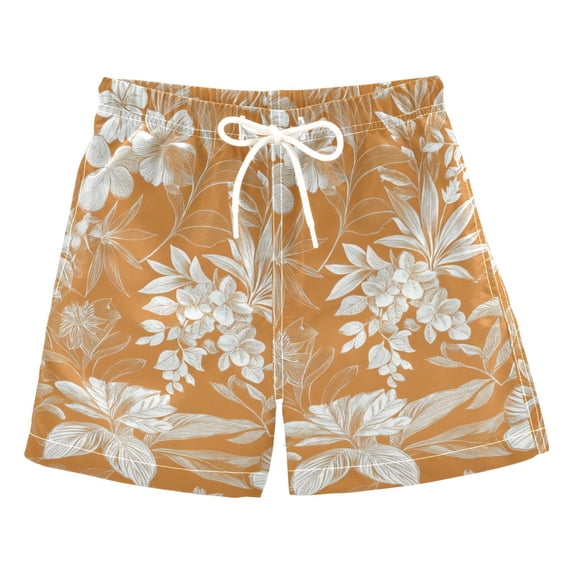Hawaii Flowers Tropical Leaves Line Art Boys' Swim Trunks Board Shorts Beach Pants Bathing Bottoms L