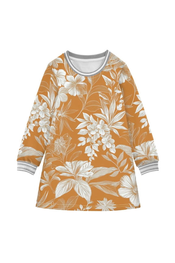 Hawaii Flowers Tropical Leaves Line Art Long-sleeved Dress A-line One-Piece Dress for 2-8 Years Casual Party 2T