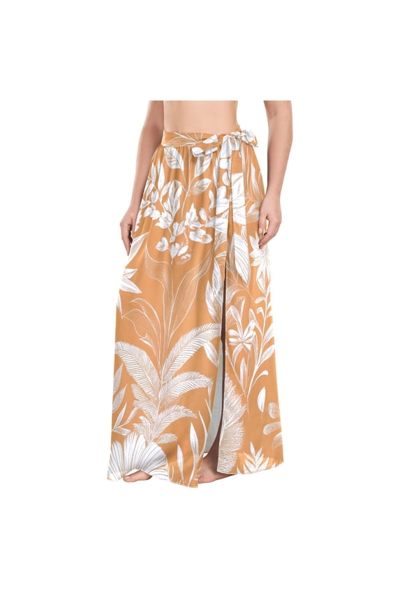 Hawaii Flowers Tropical Leaves Line Art Women's Swimwear Cover Ups Strappy Beach Dress Sarong Wrap M
