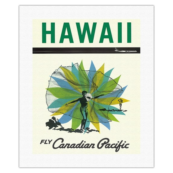 Hawaii - Fly Canadian Pacific Air Lines - Hawaiian Fisherman (Lawaiʻa) Casting his Net - Vintage Airline Travel Poster c.1950s - Fine Art Rolled Canvas Print (Unframed) 16in x 20in