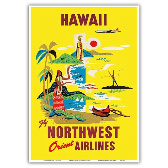 Hawaii - Fly Northwest Orient Airlines - Vintage Hawaiian Travel Poster c.1960s - Master Art Print 10in x 14in