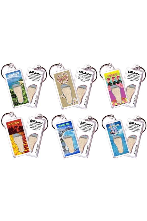 Hawaii FootWhere Souvenir Keychains. (HI100 - Assorted) 6 Piece Set
