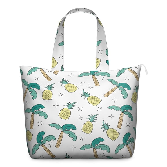 Hawaii Fruit Print Large Tote Bag - Zippered Travel-Friendly Weekender with Spacious Compartment & Side Pockets