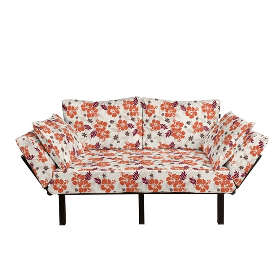 Hawaii Futon Couch, Abstract Aloha State Floral Pattern Hibiscus Spring Holiday Theme Design, Daybed with Metal Frame Upholstered Sofa for Living Dorm, Loveseat, Orange Ruby Dark Taupe, by Ambesonne