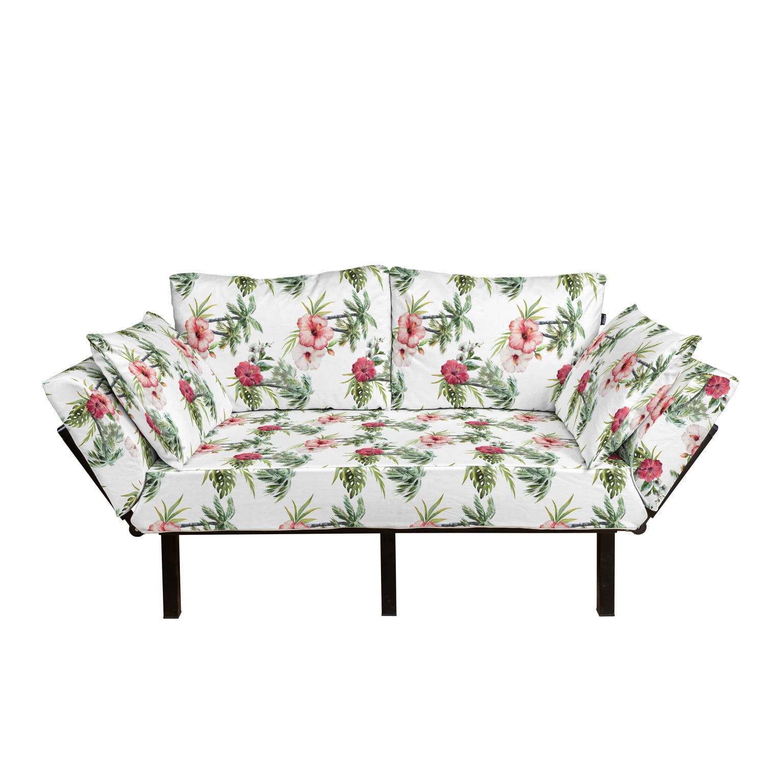 Hawaii Futon Couch, Aquarelle Effect Palm Trees Hibiscus Flowers