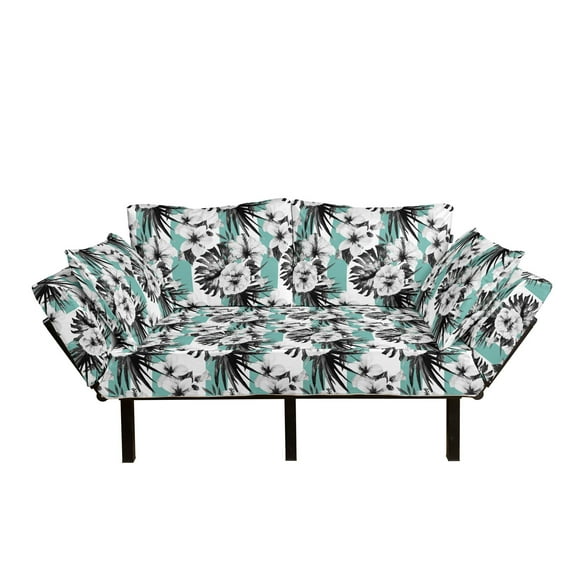 Hawaii Futon Couch, Watercolor Hibiscus Composition on Striped Background Retro Themes, Daybed with Metal Frame Upholstered Sofa for Living Dorm, Loveseat, Seafoam Charcoal Grey, by Ambesonne