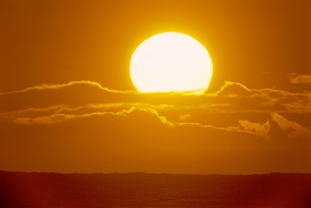Hawaii Glowing Sun Ball Partially Covered With Clouds In Bright Orange Skies Over Ocean Canvas Art - Mary Van de Ven Design Pics (38 x 24)