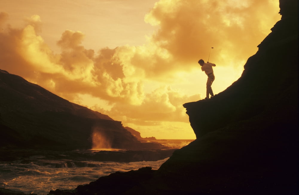 Hawaii Golfer Standing On A Cliff And Swinging A Golf Club Canvas Art - Dana Edmunds Design Pics (18 x 12)