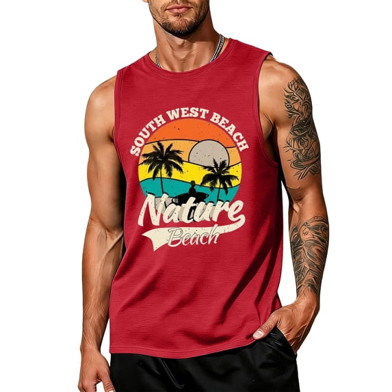 Hawaii Graphic Tank Tops for Men, Summer Beach Vacation Sleeveless Muscle Cut Off Workout Shirts Palm Tree Gym Tops