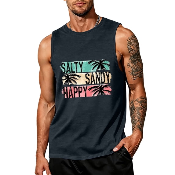 Hawaii Graphic Tank Tops for Men, Summer Beach Vacation Sleeveless Muscle Cut Off Workout Shirts Palm Tree Gym Tops