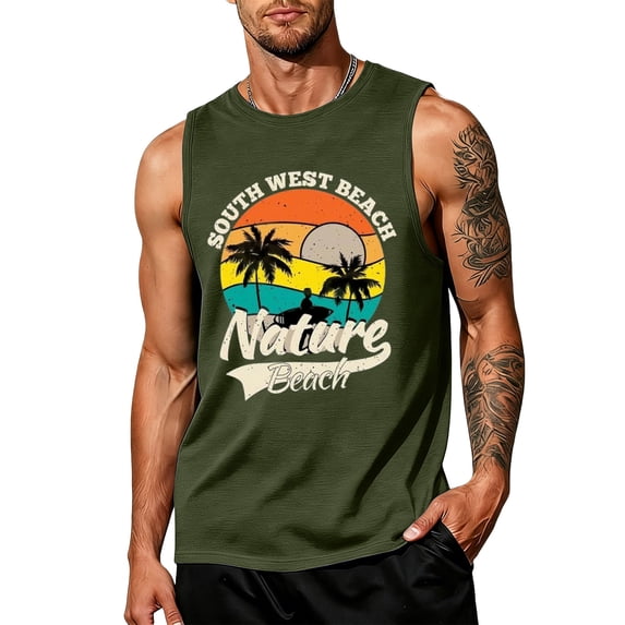 Hawaii Graphic Tank Tops for Men, Summer Beach Vacation Sleeveless Muscle Cut Off Workout Shirts Palm Tree Gym Tops