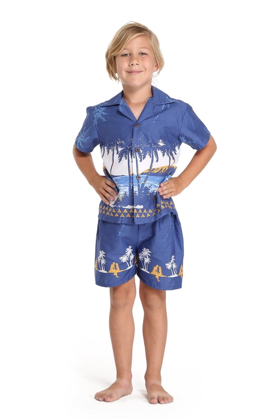 Boy Aloha Luau Shirt Cabana Set in DiamoneHead Palms Beach in Navy