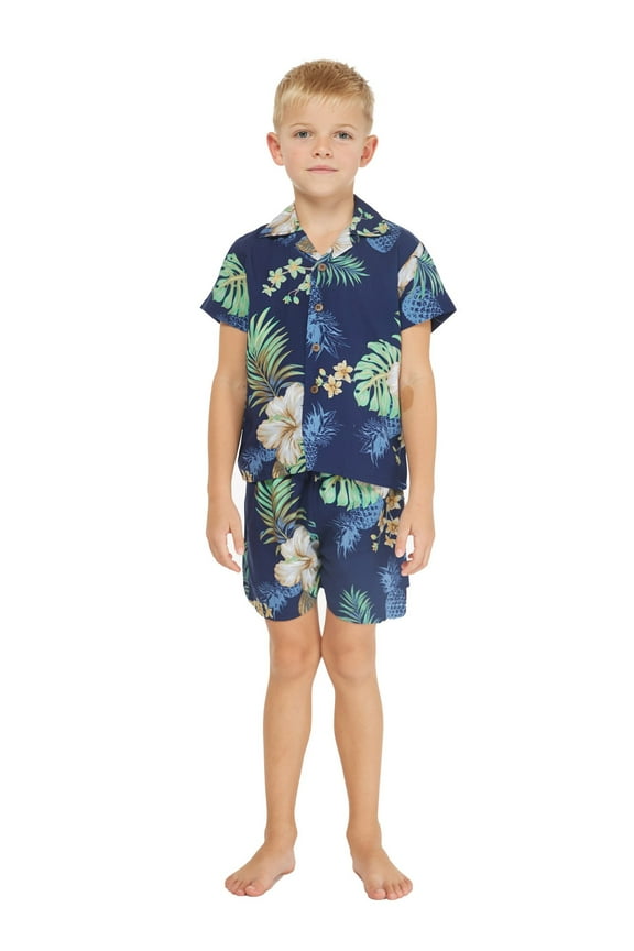 Boy Aloha Luau Shirt Cabana Set in Pineapple Garden Navy