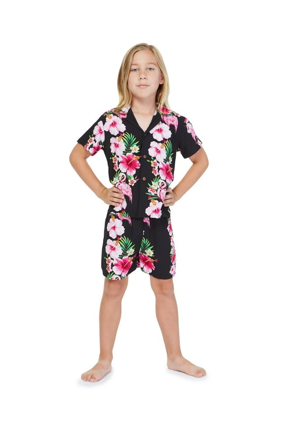 Boy Aloha Luau Shirt Cabana Set in Pink HIbiscus Vine