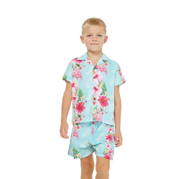 Hawaii Hangover Boy Aloha Luau Shirt Cabana Set in Pink HIbiscus Vine