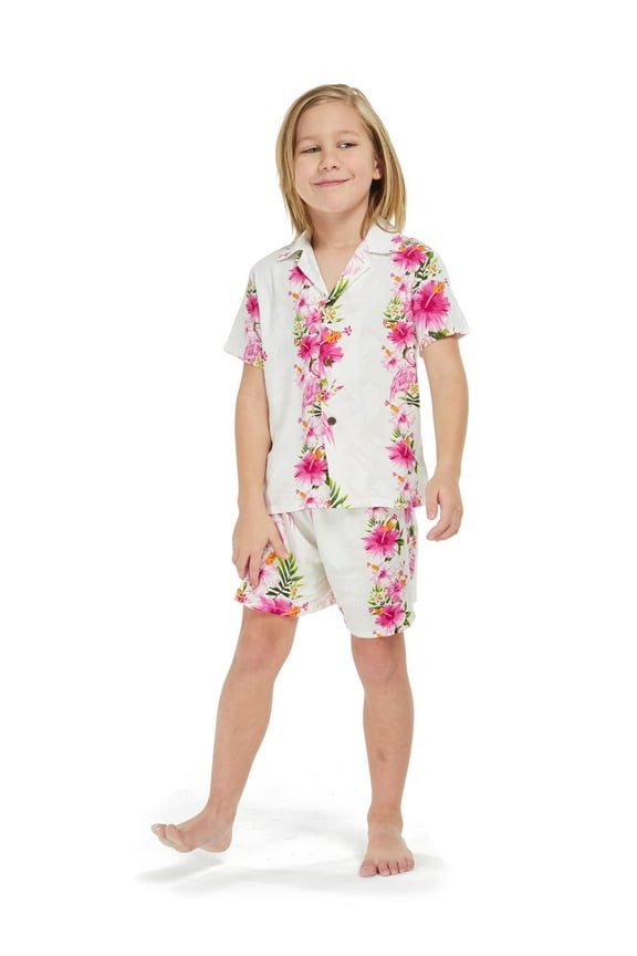 Boy Aloha Luau Shirt Cabana Set in Pink HIbiscus Vine