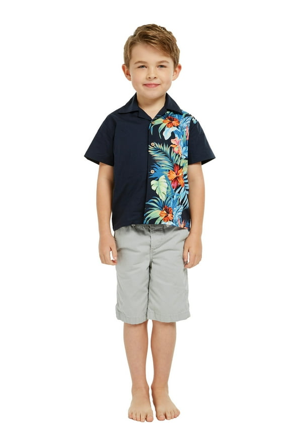 Boy Aloha Luau Shirt in Orchid Paradise in Navy