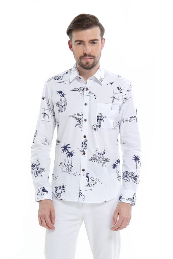 Men's Hawaiian Long Sleeve Fit Shirt Aloha Shirt XL Classic White