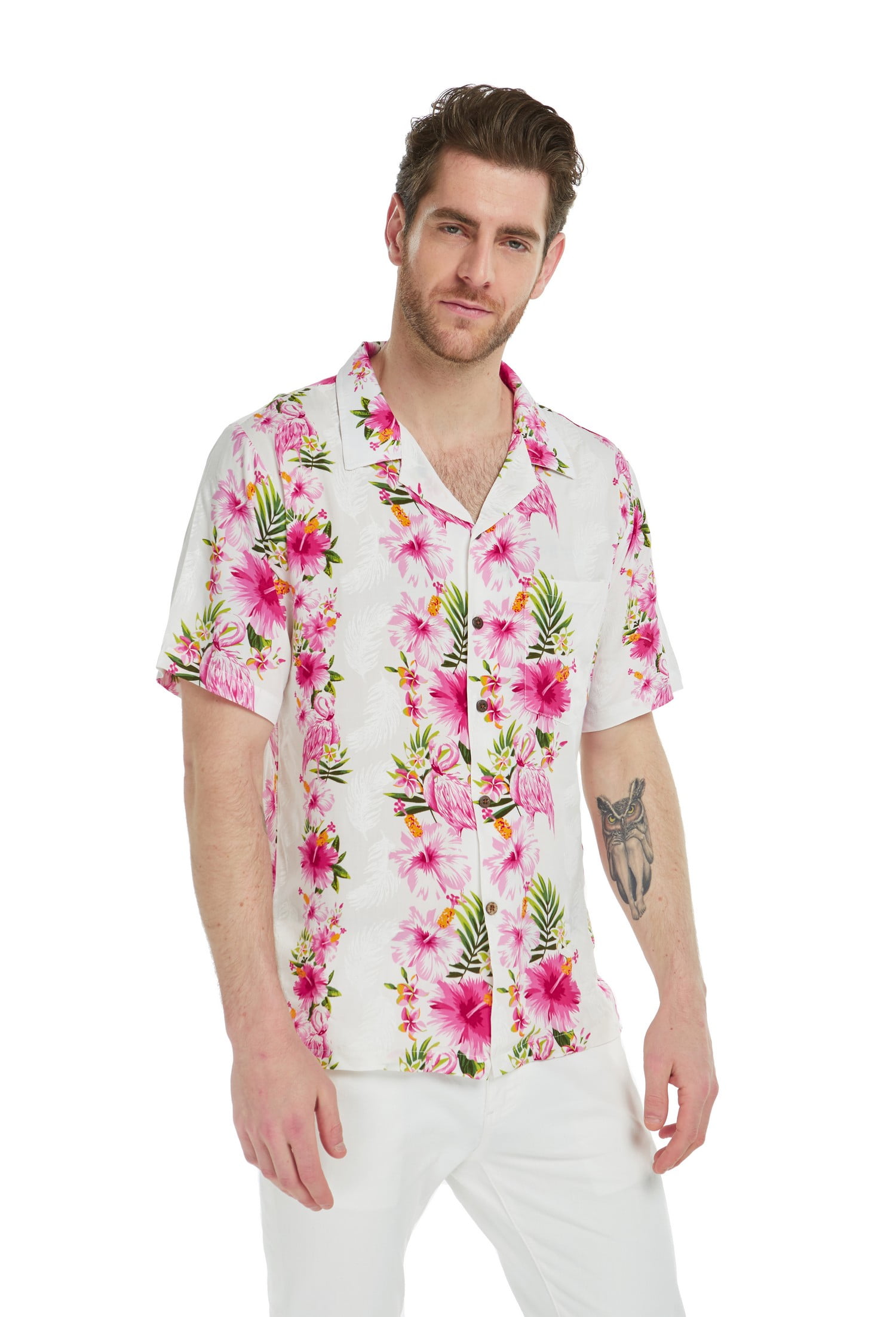 Hawaii Hangover Men's Hawaiian Shirt Aloha Shirt Pink Hibiscus Vine White,  up to 6XL