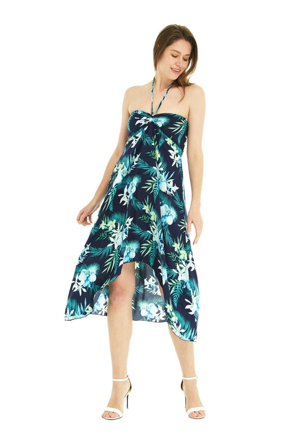 Women's Hawaiian Luau Halter Floral Print Dress in Lotus and Orchid