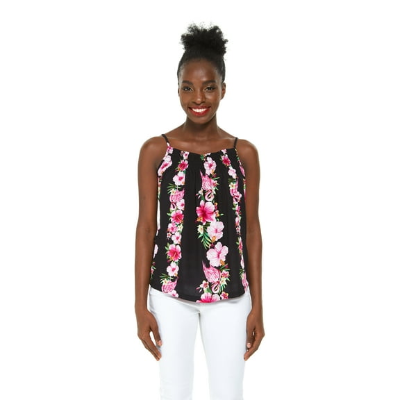 Hawaii Hangover Women's Hawaiian Spaghetti Strap Top in Pink Black Hibiscus Vine XL