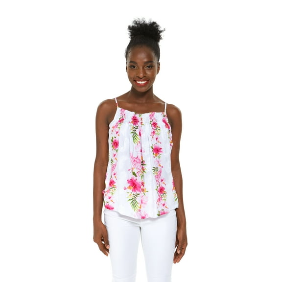 Hawaii Hangover Women's Hawaiian Spaghetti Strap Top in Pink Hibiscus Vine M