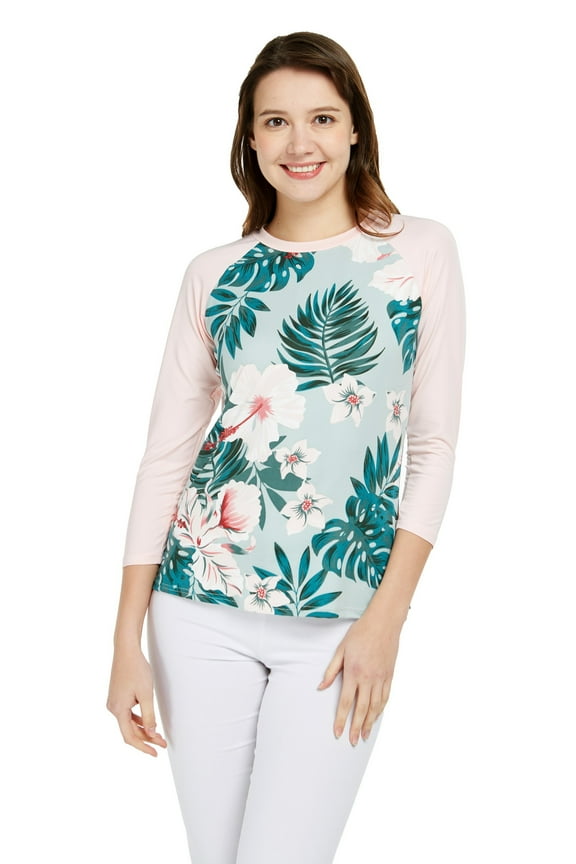 Women's Hawaiian Stretchy 3/4 Sleeve Crew Neck Shirt in Mint Forest L