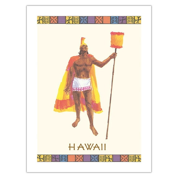 Hawaii - Hawaiian Aliʻi Warrior - Feathered Helmet (Mahiole) and Cloak (ʻAhu ʻUla) - Vintage Airline Travel Poster c.1970s - Fine Art Matte Paper Print (Unframed) 24x32in