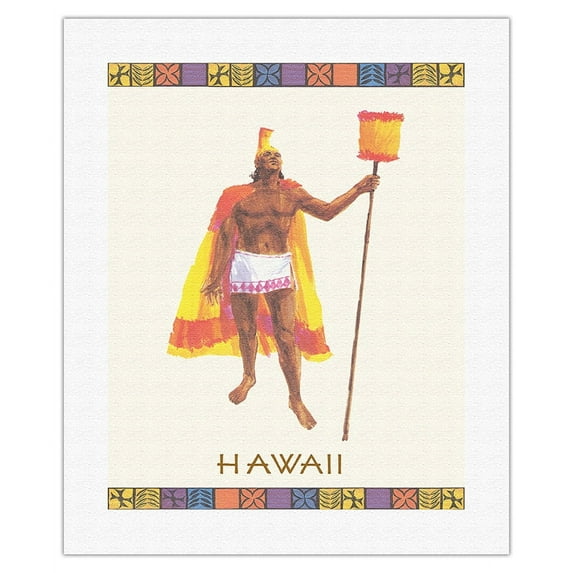 Hawaii - Hawaiian Aliʻi Warrior - Feathered Helmet (Mahiole) and Cloak (ʻAhu ʻUla) - Vintage Airline Travel Poster c.1970s - Fine Art Rolled Canvas Print 16in x 20in