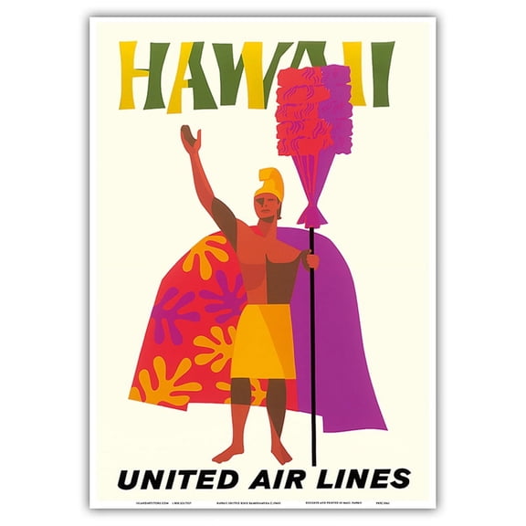 Hawaii - Hawaiian Chief (Ali’i) with a Royal Feathered Standard (Kahili) - United Air Lines - Vintage Hawaiian Travel Poster c.1960s - Master Art Print 10in x 14in