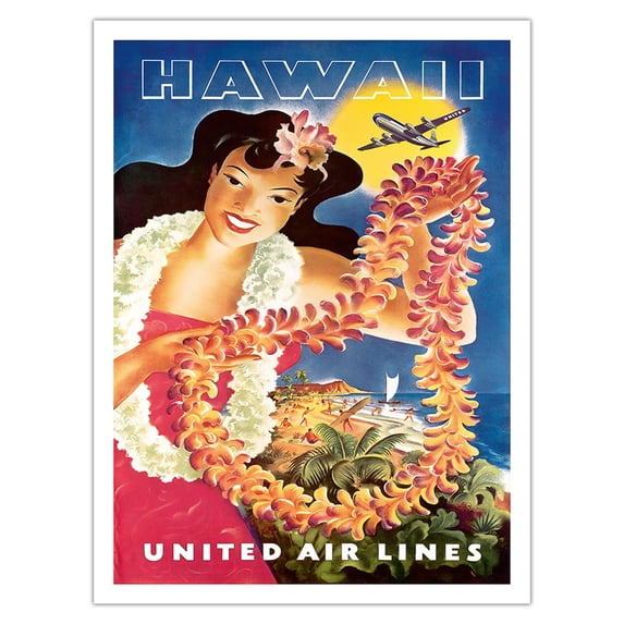 Hawaii - Hawaiian Girl with Leis - United Air Lines - Vintage Airline Travel Poster by Joseph Fehér c.1949 - Bamboo Fine Art 290gsm Paper (Unframed) 12x16in