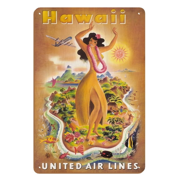 Hawaii - Hawaiian Hula Dancer - United Air Lines - Vintage Travel Poster by Joseph Fehér c.1949 - 8 x 12 inch Vintage Wood Art Sign