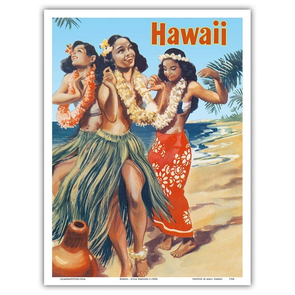 Hawaii - Hawaiian Hula Dancers - Vintage Advertising Poster c.1950s - Master Art Print (Unframed) 9in x 12in