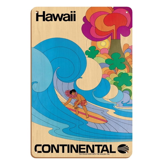 Hawaii - Hawaiian Surfer - Psychedelic Flower Power Art - Continental Airlines - Vintage Airline Travel Poster c.1960s - 8 x 12 inch Vintage Wood Art Sign