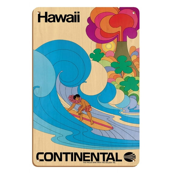 Hawaii - Hawaiian Surfer - Psychedelic Flower Power Art - Continental Airlines - Vintage Airline Travel Poster c.1960s - 8 x 12 inch Vintage Wood Art Sign