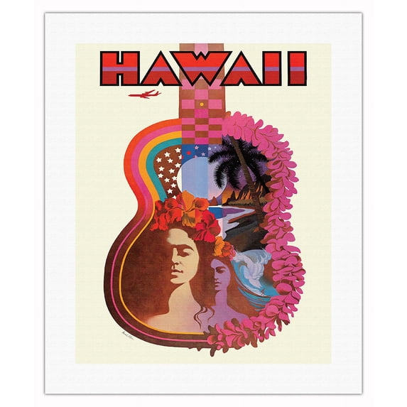Hawaii - Hawaiian Ukulele Psychedelic Flower Power Art - Vintage Travel Poster by David Klein c.1960 - Fine Art Rolled Canvas Print (Unframed) 16in x 20in