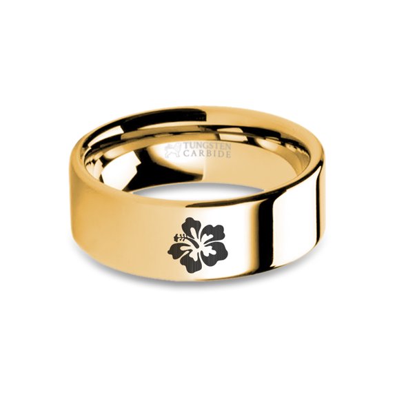 Hawaii Hibiscus Flower Yellow Gold Tungsten Ring, Polished, 8mm, Size 12