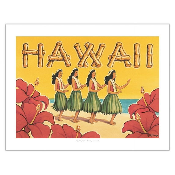 Hawaii - Hula Dancers - Vintage Hawaiian Travel Poster by Kerne Erickson - Bamboo Fine Art 290gsm Paper (Unframed) 17x22in