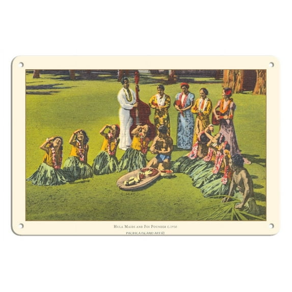 Hawaii Hula Girls and Poi Pounder - Vintage Hawaiian Travel Poster c.1930s - 8 x 12 inch Vintage Metal Tin Sign