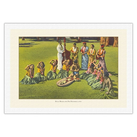 Hawaii Hula Girls and Poi Pounder - Vintage Hawaiian Travel Poster c.1930s - Fine Art Rolled Canvas Print (Unframed) 27in x 40in