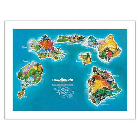 Hawaii Islands Route Map - Hawaiian Air Lines - Vintage Airline Travel Poster c.1961 - Fine Art Matte Paper Print (Unframed) 24x32in