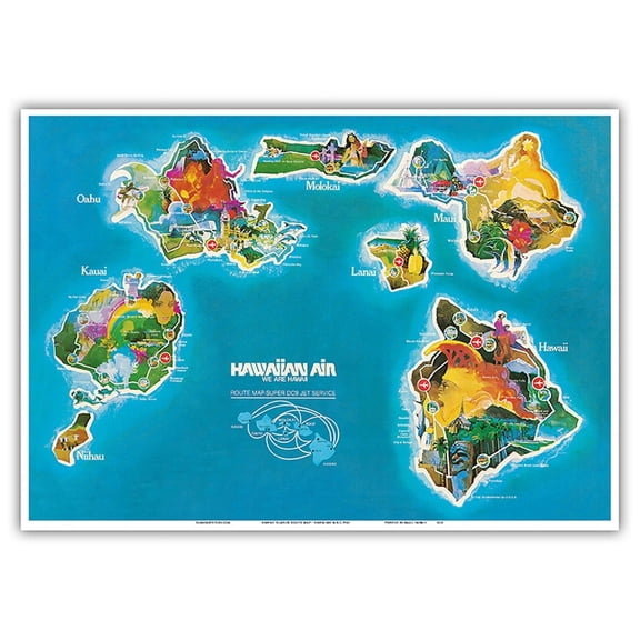 Hawaii Islands Route Map - Hawaiian Air Lines - Vintage Airline Travel Poster c.1961 - Master Art Print 10in x 14in