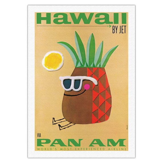 Hawaii by Jet - Mr. Pineapple Head - Pan American World Airways - Vintage Airline Travel Poster by Phillips - Fine Art Rolled Canvas Print (Unframed) 27in x 40in