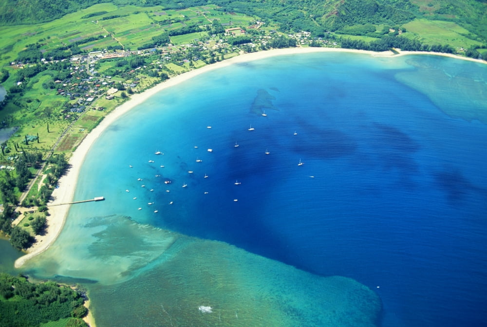 Hawaii Kauai Aerial Of Hanalei Bay Boats In Ocean Canvas Art - Robert Sablan Design Pics (38 x 24)