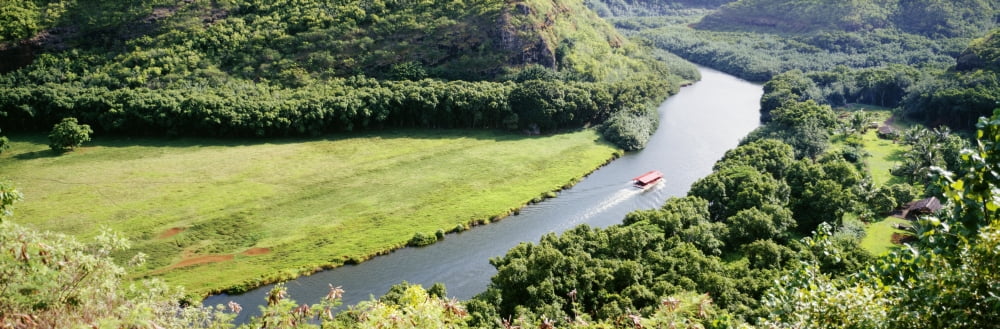 Hawaii Kauai Aerial View Of Wailua River With Tour Boat Greenery Panoramic Canvas Art - Bill Schildge Design Pics (36 x 12)