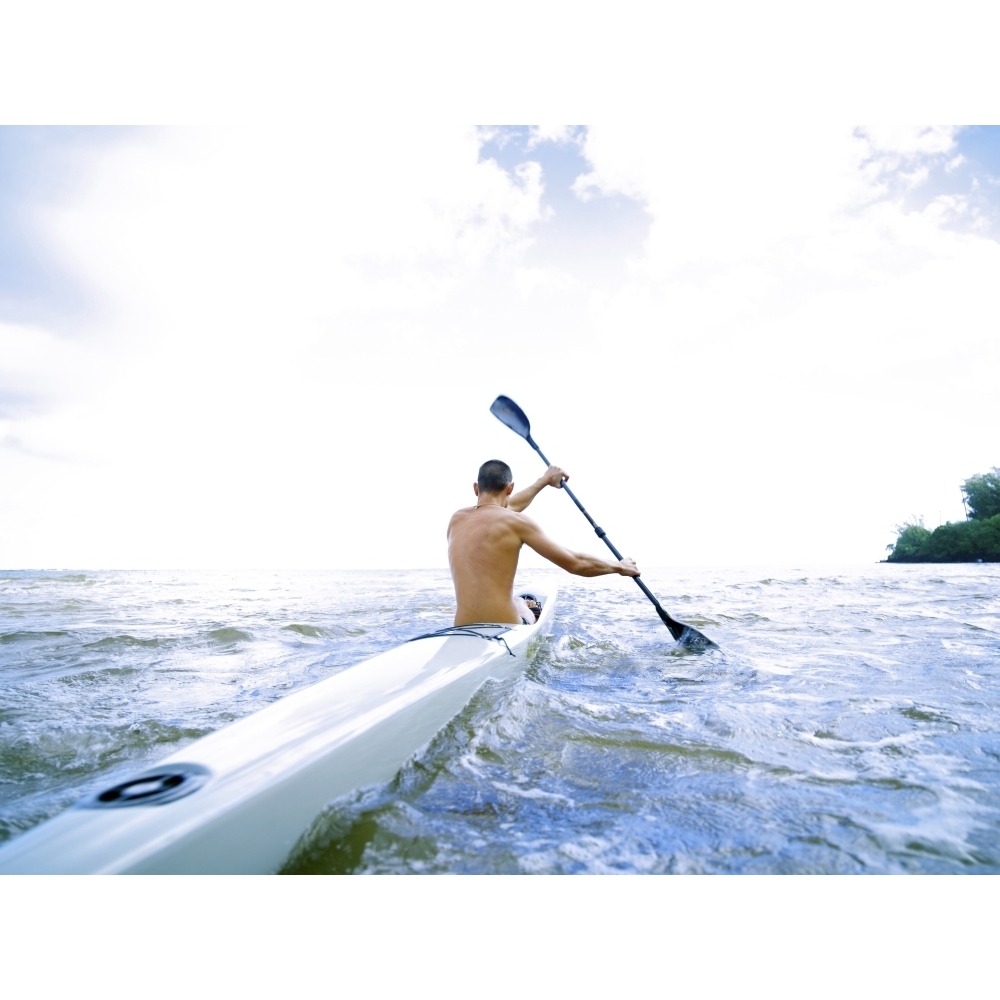 Hawaii Kauai Anini Beach Active Male Paddling In A One Man Canoe